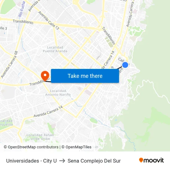 Universidades - City U to Sena Complejo Del Sur map