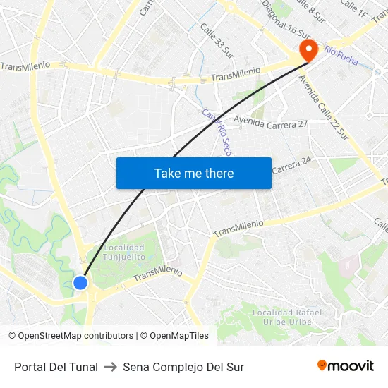 Portal Del Tunal to Sena Complejo Del Sur map