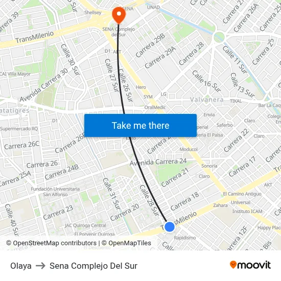 Olaya to Sena Complejo Del Sur map