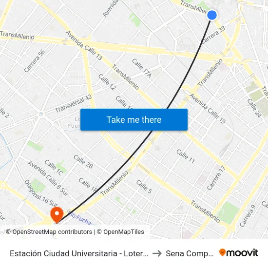 Estación Ciudad Universitaria - Lotería De Bogotá (Ac 26 - Kr 36) to Sena Complejo Del Sur map