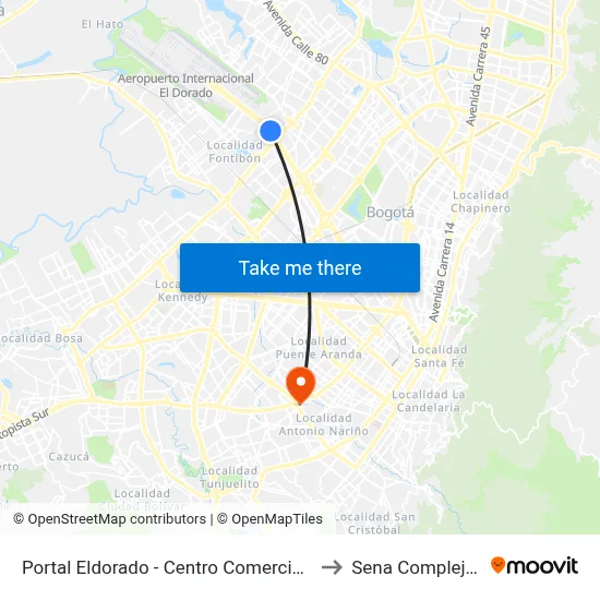 Portal Eldorado - Centro Comercial Nuestro Bogotá to Sena Complejo Del Sur map
