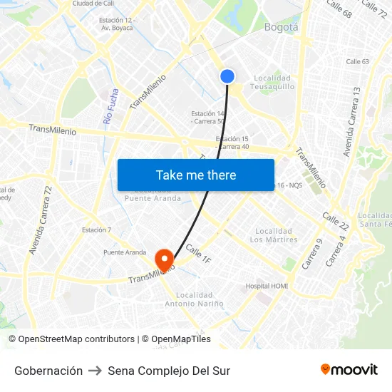 Gobernación to Sena Complejo Del Sur map