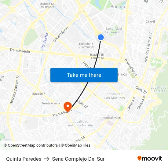 Quinta Paredes to Sena Complejo Del Sur map