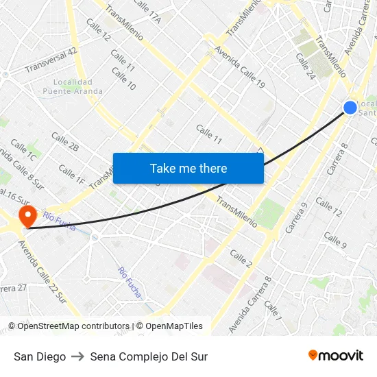 San Diego to Sena Complejo Del Sur map