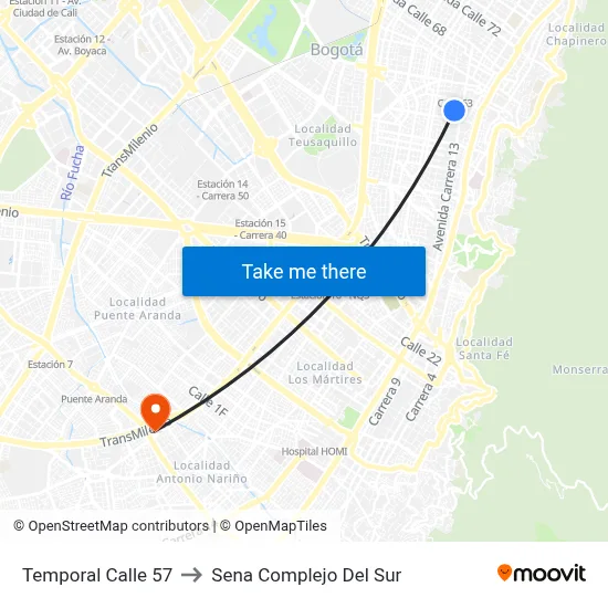 Temporal Calle 57 to Sena Complejo Del Sur map
