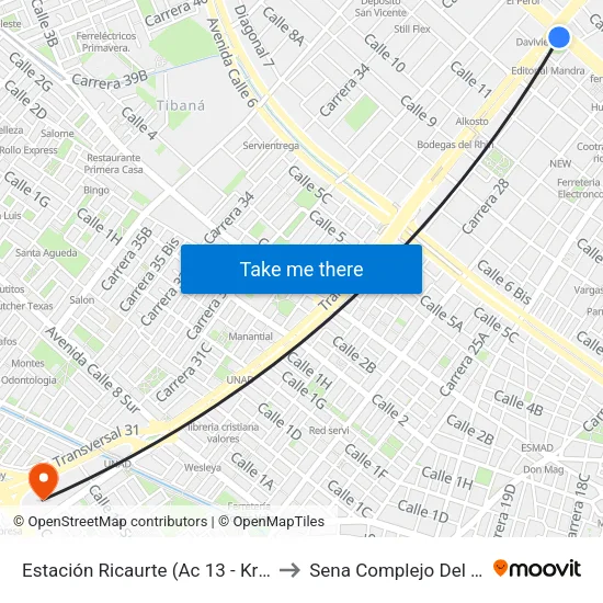 Estación Ricaurte (Ac 13 - Kr 29) to Sena Complejo Del Sur map