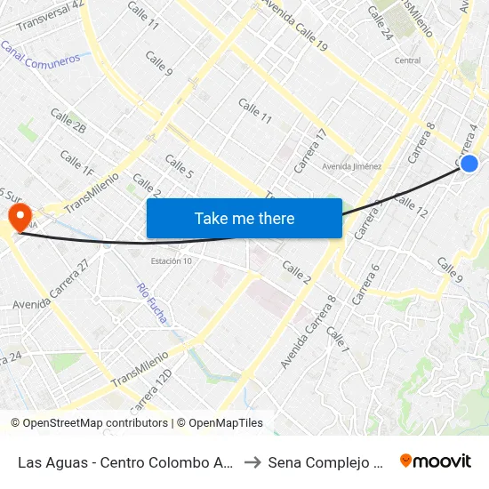 Las Aguas - Centro Colombo Americano to Sena Complejo Del Sur map