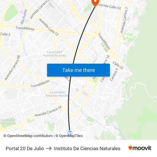 Portal 20 De Julio to Instituto De Ciencias Naturales map