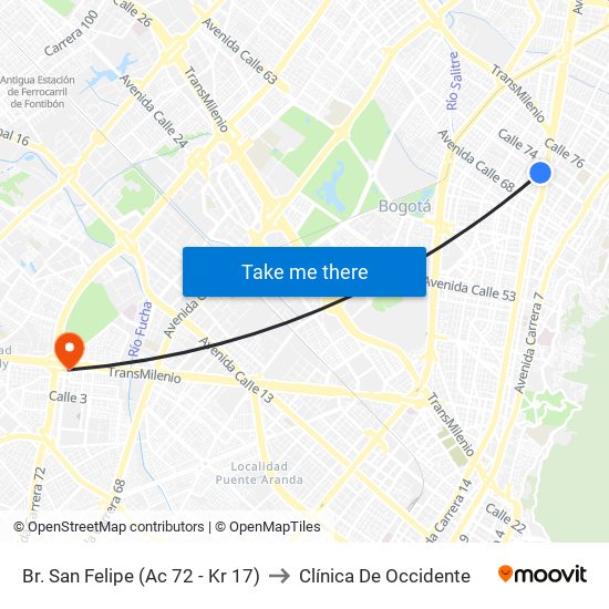 Br. San Felipe (Ac 72 - Kr 17) to Clínica De Occidente map