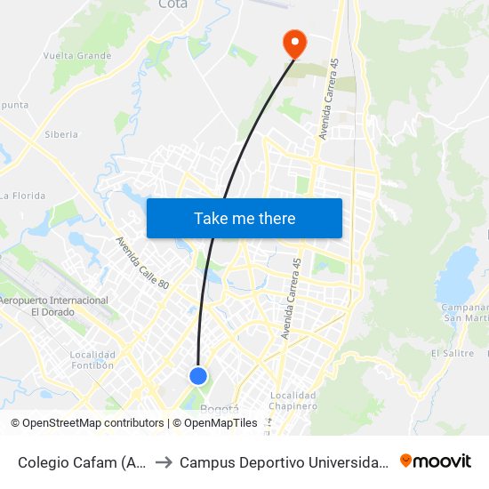 Colegio Cafam (Ak 68 - Ac 63) (A) to Campus Deportivo Universidad Santo Tomás De Aquino map