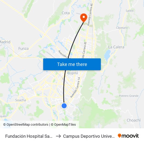 Fundación Hospital San Carlos (Cl 31a Sur - Kr 12b) to Campus Deportivo Universidad Santo Tomás De Aquino map