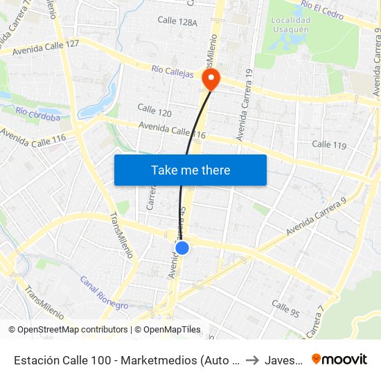 Estación Calle 100 - Marketmedios (Auto Norte - Cl 98) to Javesalud map