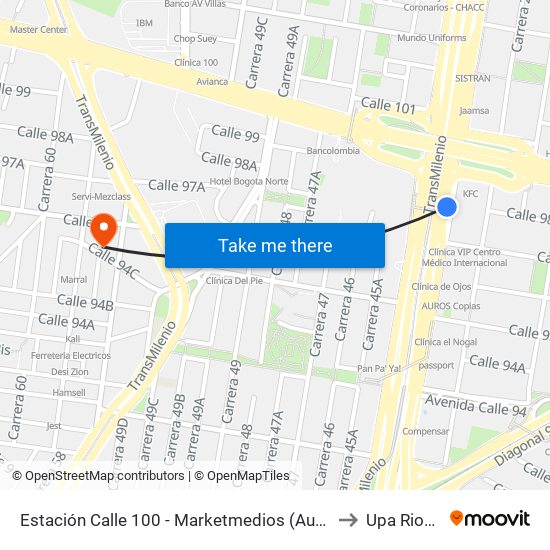 Estación Calle 100 - Marketmedios (Auto Norte - Cl 98) to Upa Rionegro map
