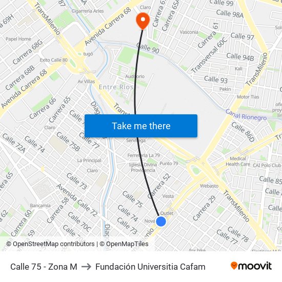Calle 75 - Zona M to Fundación Universitia Cafam map