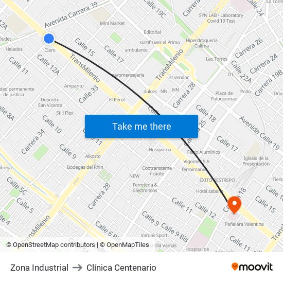 Zona Industrial to Clínica Centenario map