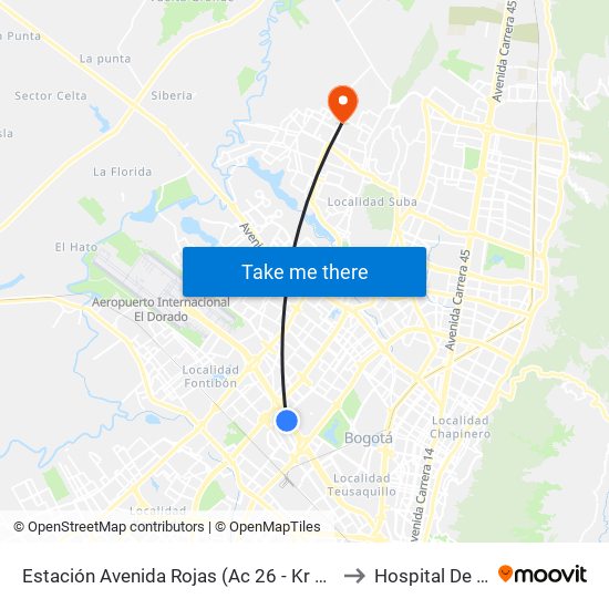 Estación Avenida Rojas (Ac 26 - Kr 69d Bis) (B) to Hospital De Suba map