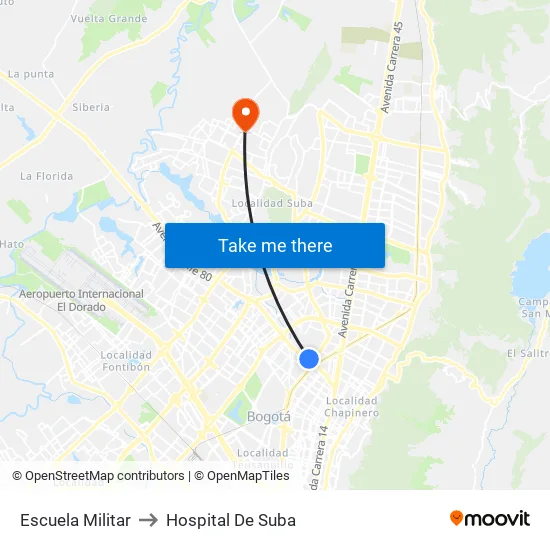 Escuela Militar to Hospital De Suba map