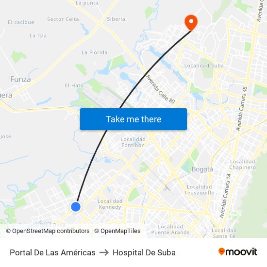 Portal De Las Américas to Hospital De Suba map
