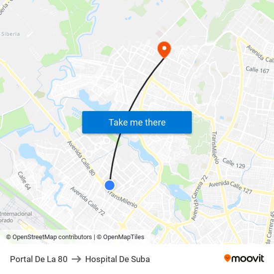Portal De La 80 to Hospital De Suba map