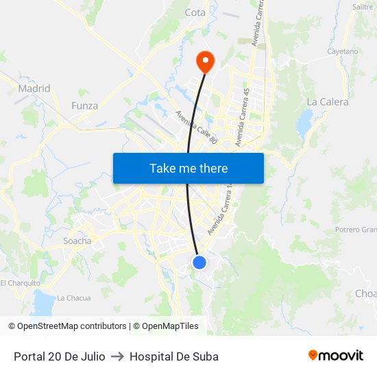 Portal 20 De Julio to Hospital De Suba map