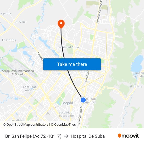 Br. San Felipe (Ac 72 - Kr 17) to Hospital De Suba map