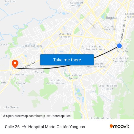 Calle 26 to Hospital Mario Gaitán Yanguas map