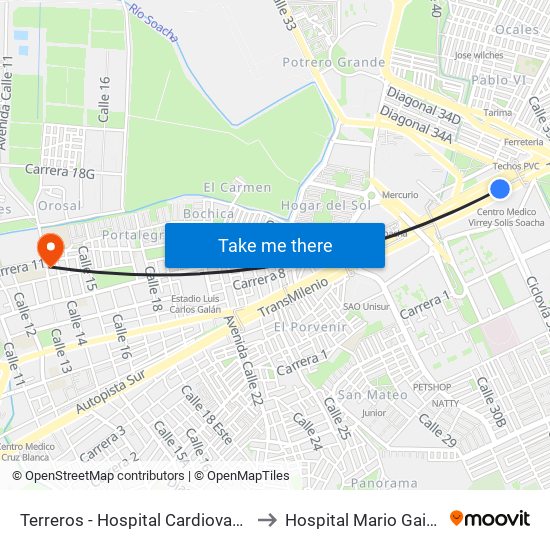 Terreros - Hospital Cardiovascular (Lado Sur) to Hospital Mario Gaitán Yanguas map