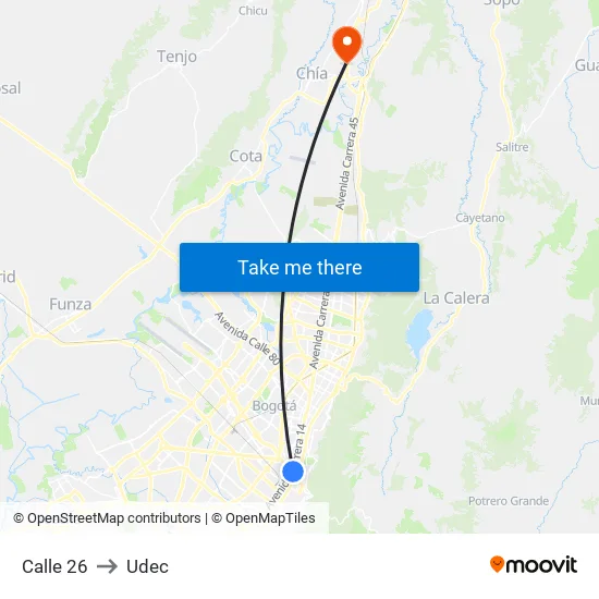 Calle 26 to Udec map