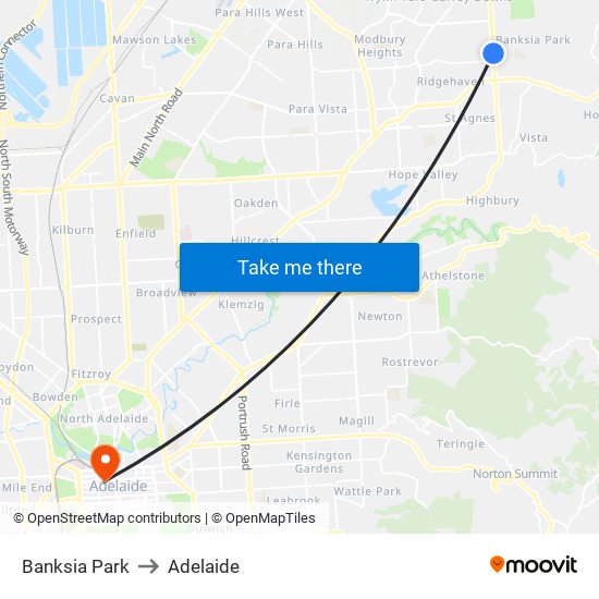 Banksia Park to Adelaide map