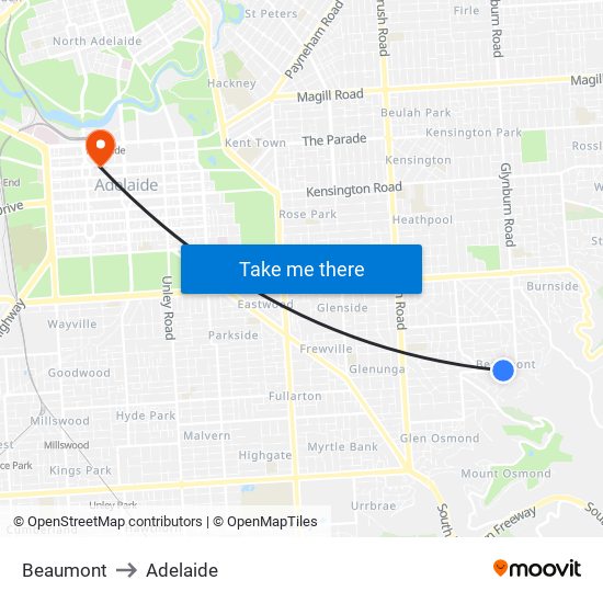 Beaumont to Adelaide map