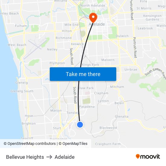 Bellevue Heights to Adelaide map