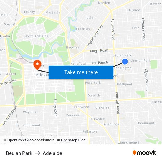 Beulah Park to Adelaide map