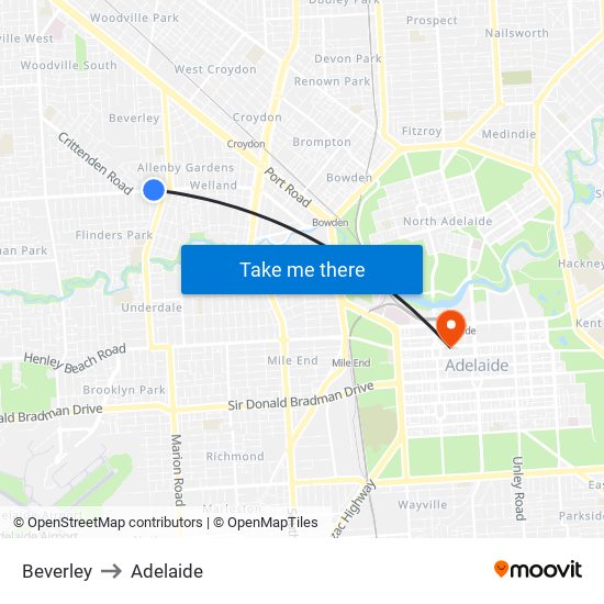 Beverley to Adelaide map