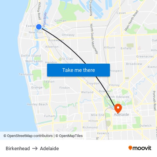Birkenhead to Adelaide map