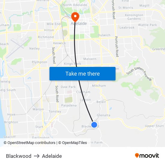 Blackwood to Adelaide map
