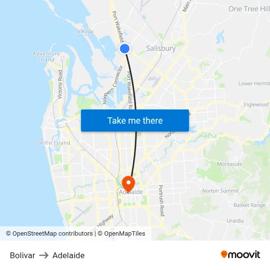 Bolivar to Adelaide map