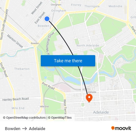 Bowden to Adelaide map