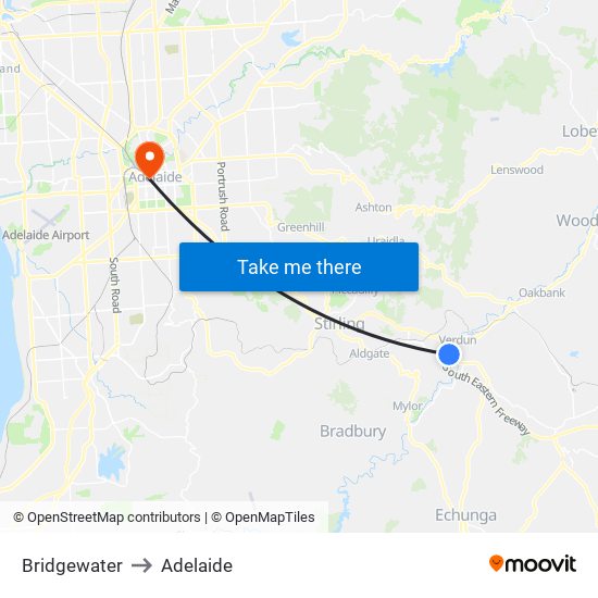 Bridgewater to Adelaide map