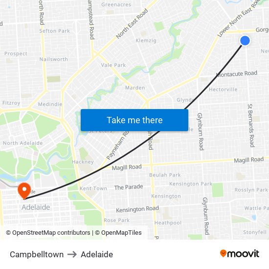 Campbelltown to Adelaide map