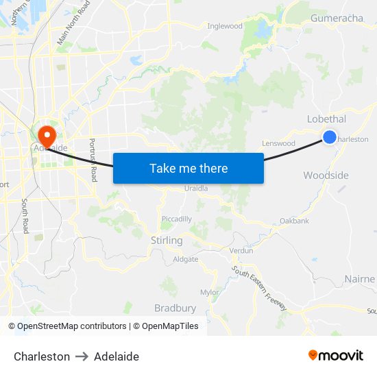 Charleston to Adelaide map