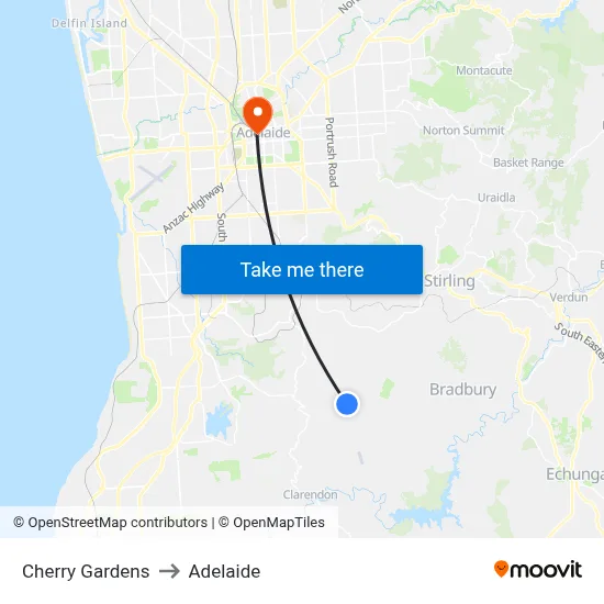 Cherry Gardens to Adelaide map