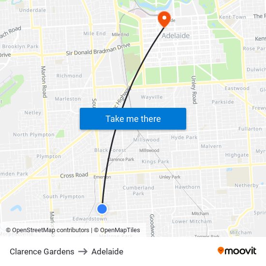 Clarence Gardens to Adelaide map