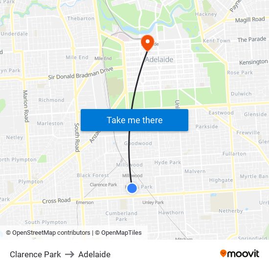 Clarence Park to Adelaide map