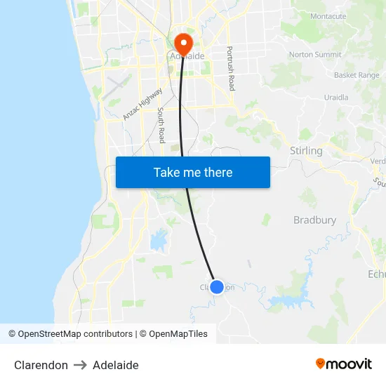 Clarendon to Adelaide map