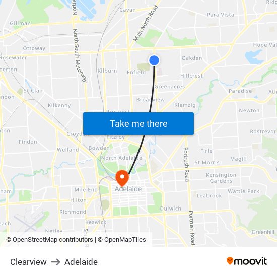 Clearview to Adelaide map