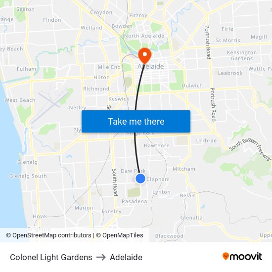 Colonel Light Gardens to Adelaide map