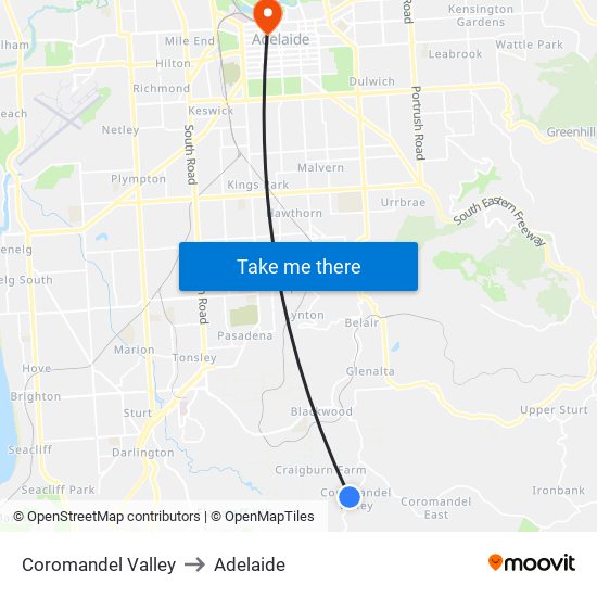 Coromandel Valley to Adelaide map