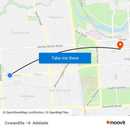 Cowandilla to Adelaide map