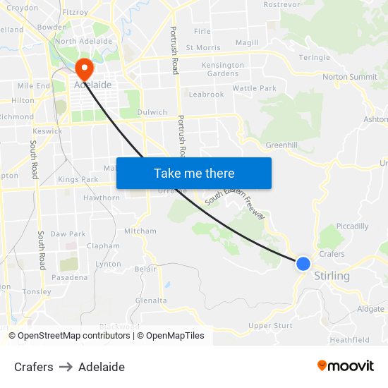 Crafers to Adelaide map