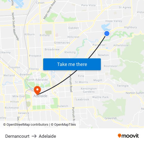 Dernancourt to Adelaide map